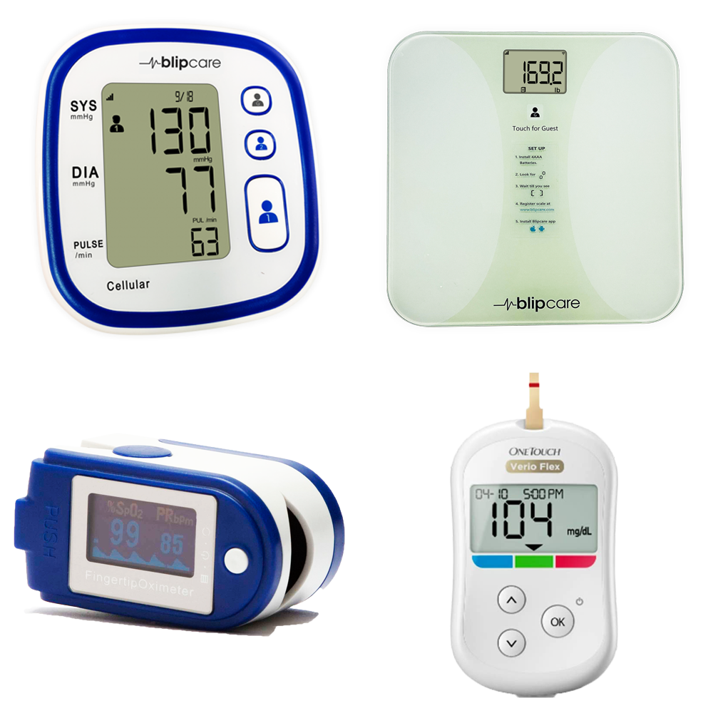 Carematix cellular RPM devices including blood pressure monitor, weight scale, glucometer, and pulse oximeter used by healthcare providers across the United States