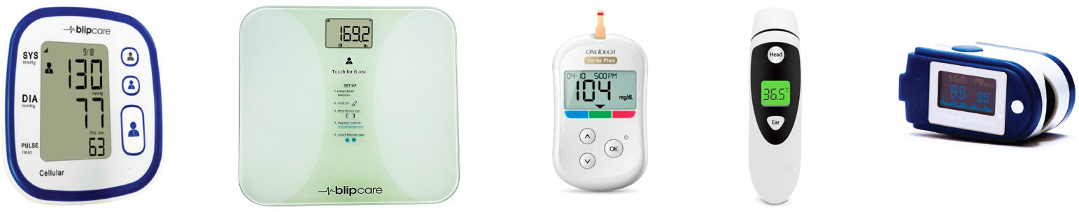 Connected health devices used in ePRO/eCOA clinical trials, including blood pressure monitor, smart scale, glucose meter, thermometer, and pulse oximeter